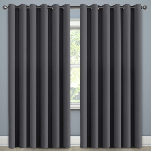 (Grey, 66" width x 90" drop - 168cm width x 228cm drop.) Thermal Blackout Plain Eyelet Ring Top Curtains 2