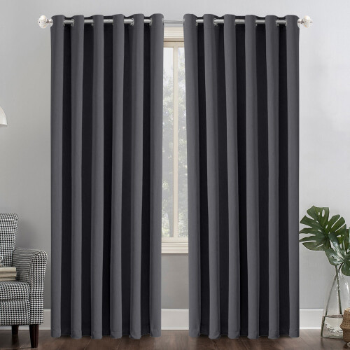 (Grey, 90" width x 90" drop - 228cm width x 228cm drop.) Thermal Blackout Plain Eyelet Ring Top Curtains
