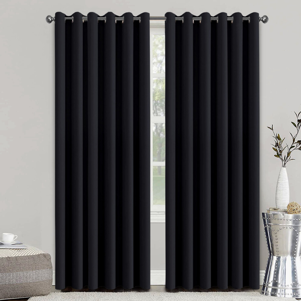 (66" width x 90" drop., Black) Thermal Insulated Blackout Curtains Ringtop Eyelet Curtain Pair with Tiebacks-image-OPC-PBC55J9-NEW
