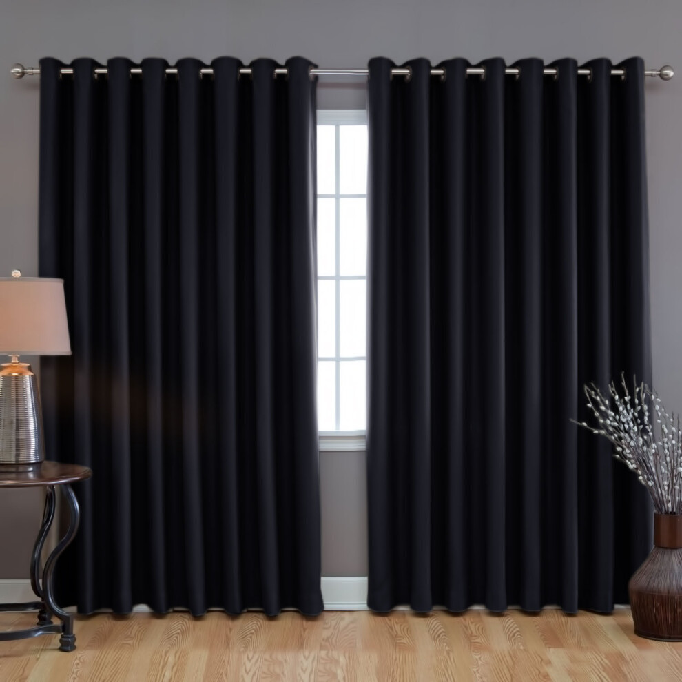 (90" width x 90" drop., Black) Thermal Insulated Blackout Curtains Ringtop Eyelet Curtain Pair with Tiebacks-image-OPC-PBC55JF-NEW
