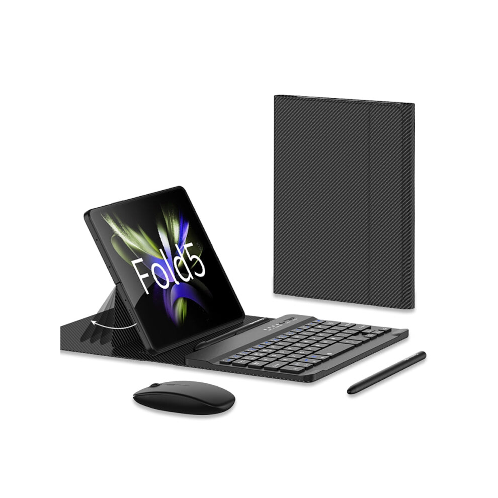 For Samsung Galaxy Z Fold5 GKK Gear Adjustment Bluetooth Keyboard + Pen + Mouse + Case Set(Carbon Fibre)