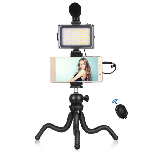 PULUZ  4 in 1 Vlogging Live Mini Octopus Bracket Kit + Studio Light + Microphone + Phone Clamp Kits(Black) 2