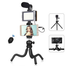 PULUZ 4 in 1 Vlogging Live Mini Octopus Bracket Kit + Studio Light + Microphone + Phone Clamp Kits(Black)