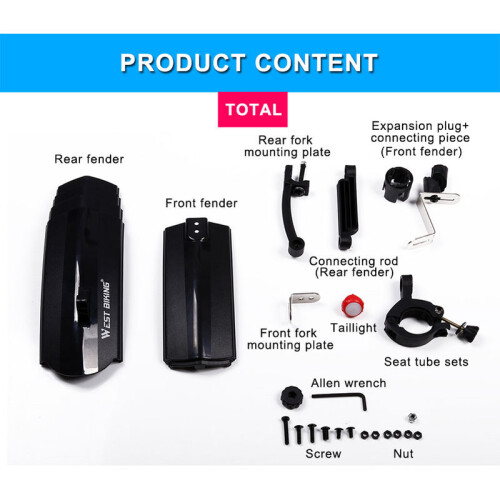 (Black with Taillight) Telescopic Folding Bicycle Fenders with Taillight Quick Release Front 2