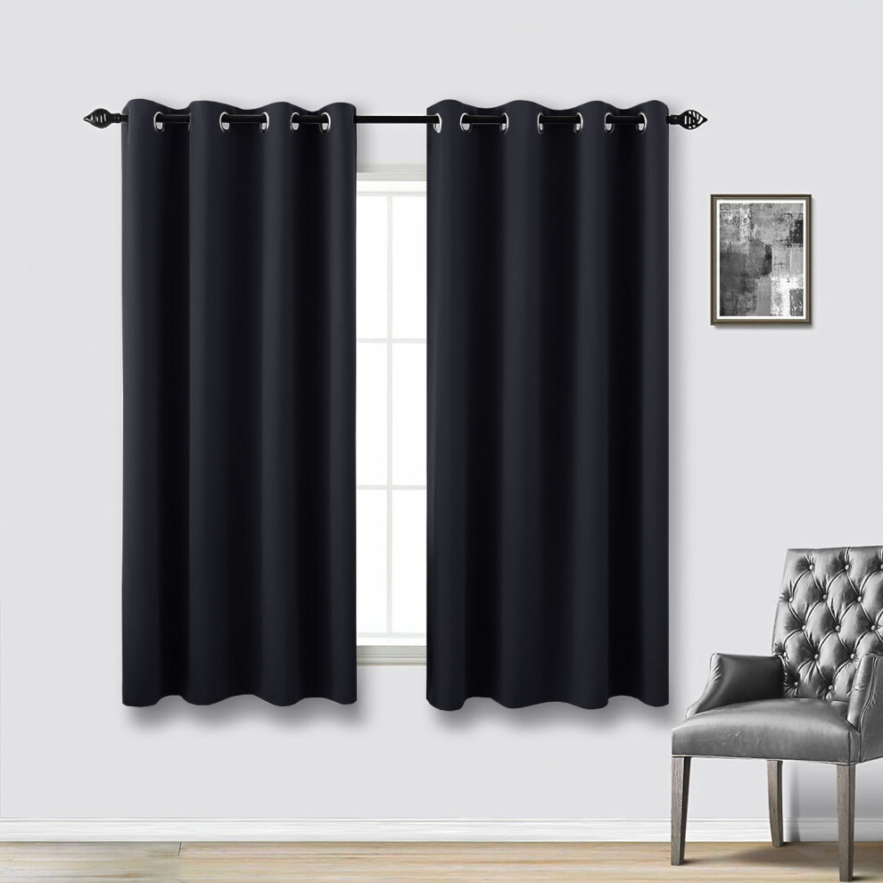 (BLACK) BLACKOUT EYELET CURTAINS READY MADE PAIR+2 TIEBACK