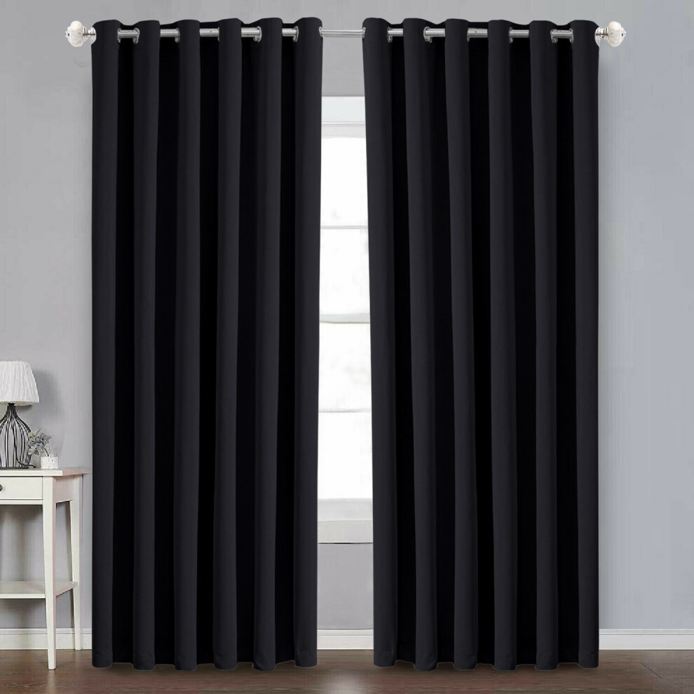 (BLACK) BLACKOUT EYELET CURTAINS READY MADE PAIR+2 TIEBACK