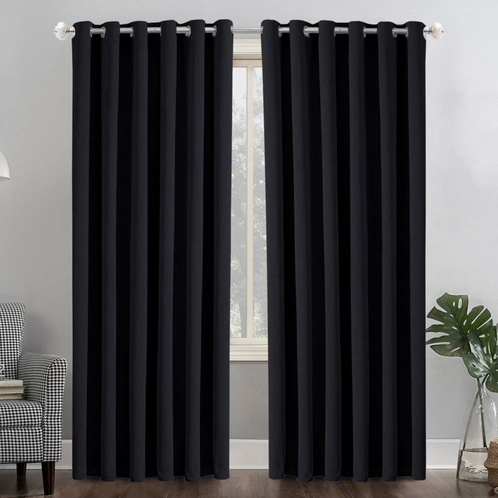 (BLACK) BLACKOUT EYELET CURTAINS READY MADE PAIR+2 TIEBACK