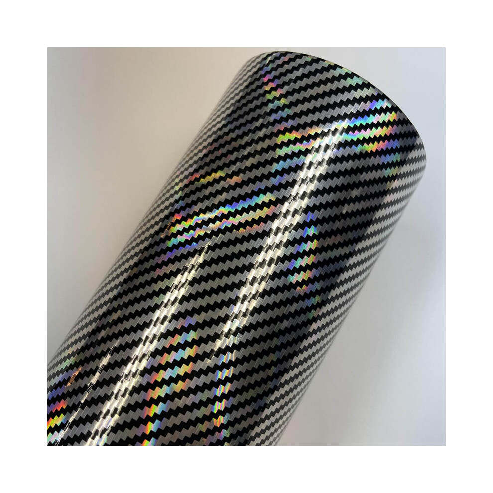 (50Cm X 152Cm, ) Holographic Rainbow Carbon Fiber Vinyl Wrap Film Bubble Free Air Release Silver/Red 8902774065723