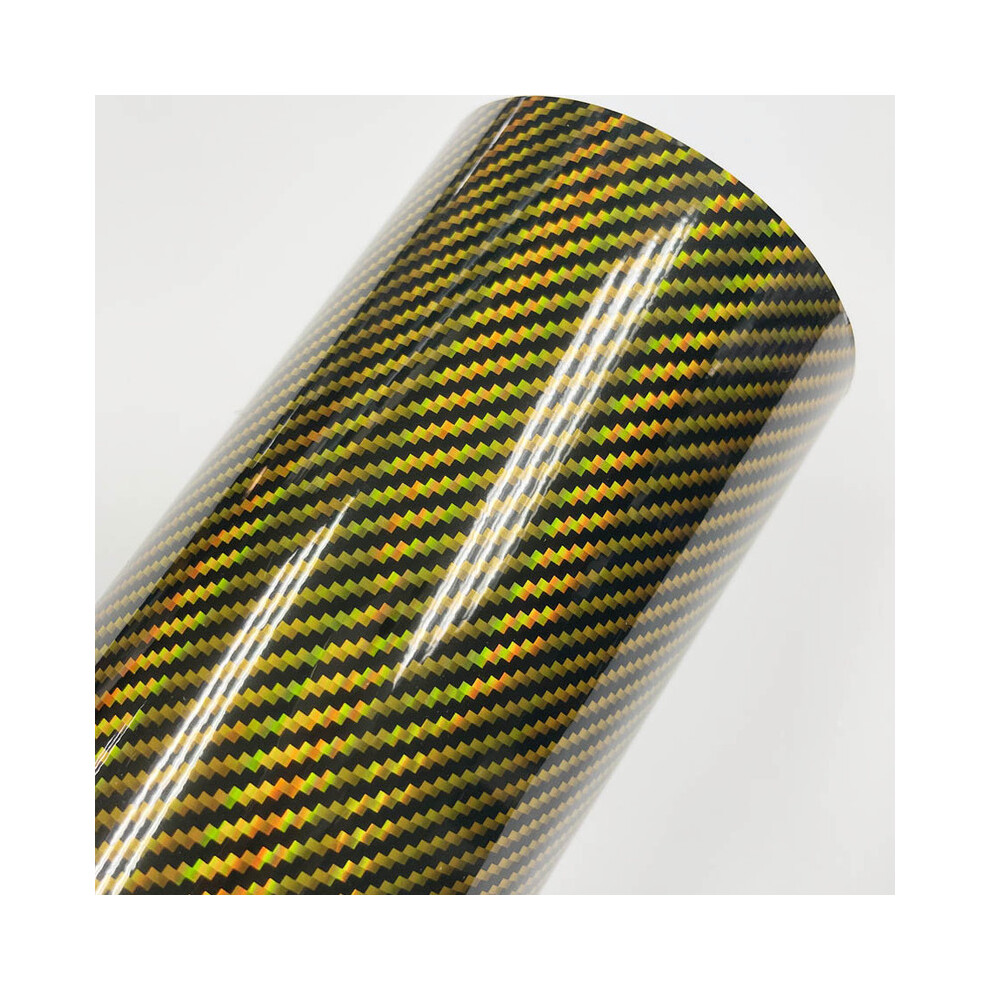(50Cm X 300Cm, ) Holographic Rainbow Carbon Fiber Vinyl Wrap Film Bubble Free Air Release Gold/Red 8902774065815