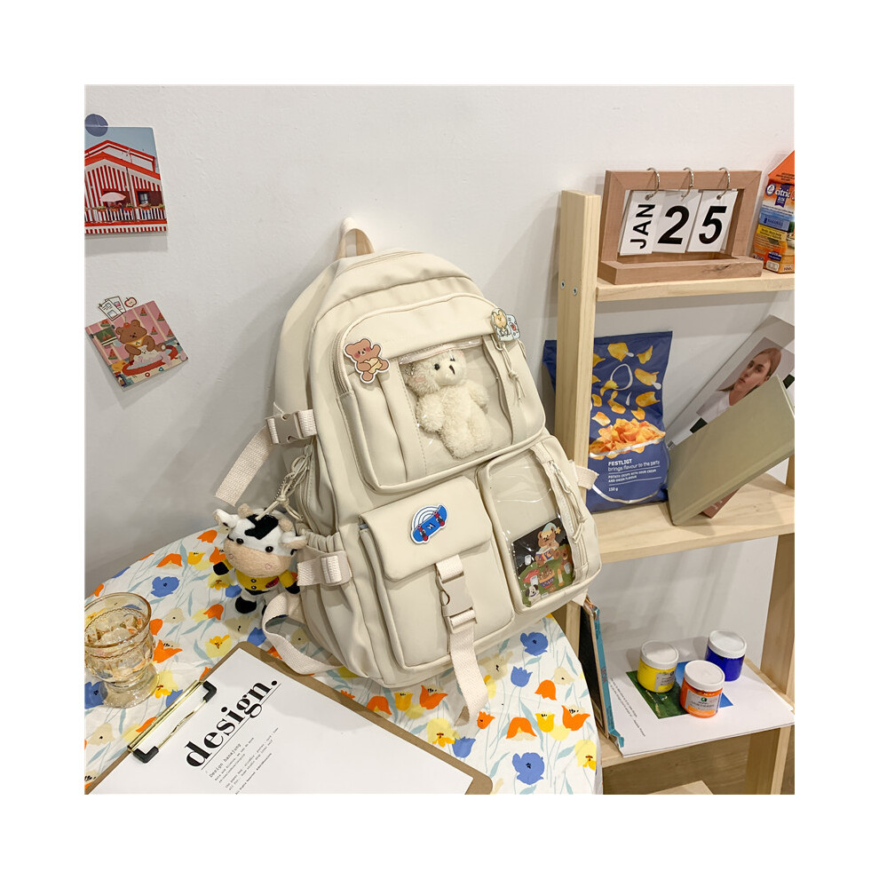 (No Pendant, Beige) Cute Women Backpacks Waterproof Multi-Pocket Nylon School Backpack for-image-OPC-PFBMJZV-NEW