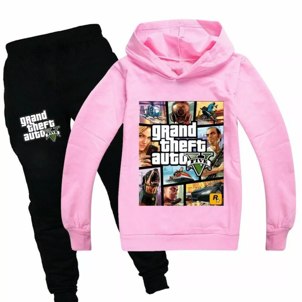 (Pink, 12-13 Years) Boys Girls GRAND THEFT AUTO GAME GTA Hoodie Pants Suit Tracksuit Sportswear Set