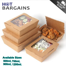 (700ml) 50 X Kraft Food Containera With Single PET Window, Deli Containers For Takeaway Food, Sizes Available: 500, 700, 900, 1200ml