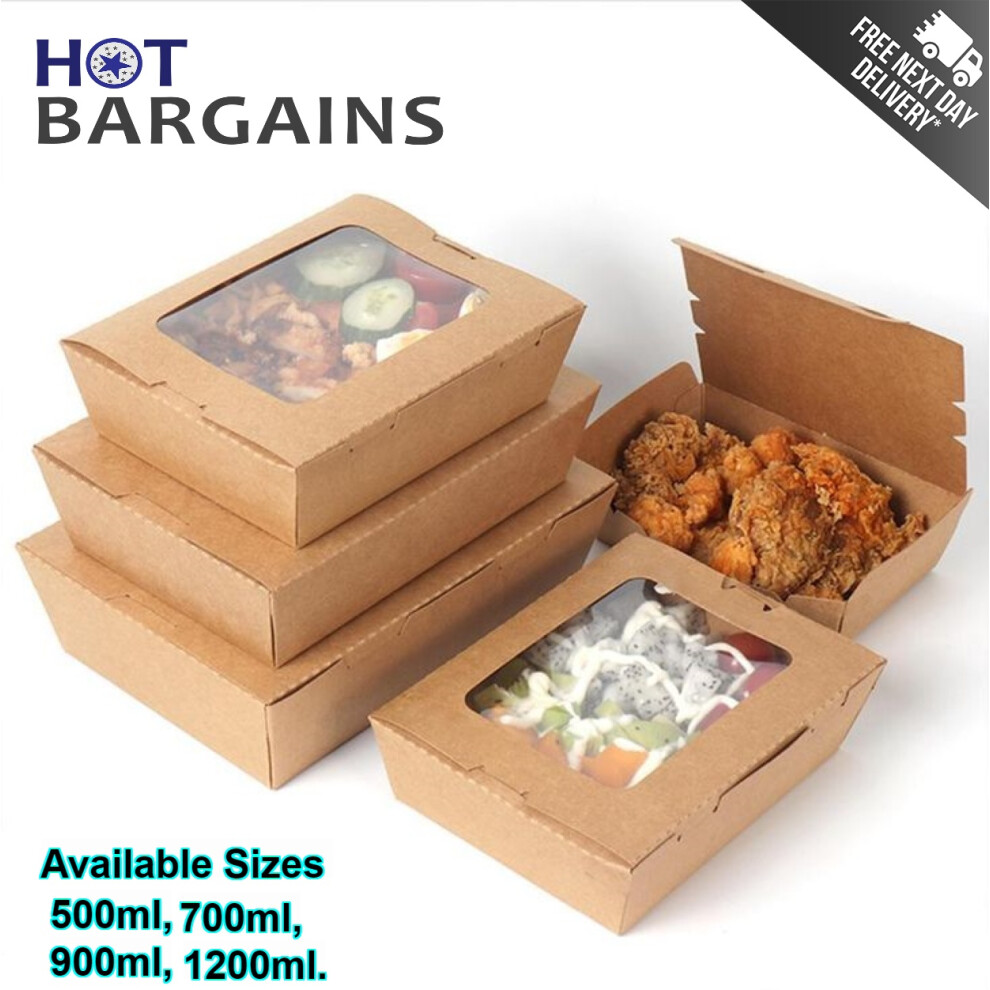 (900ml) 50 X Kraft Food Containera With Single PET Window, Deli Containers For Takeaway Food, Sizes Available: 500, 700, 900, 1200ml