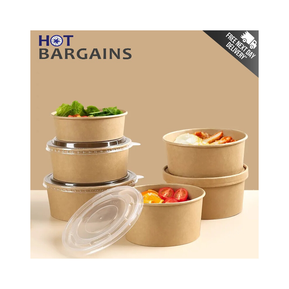 (18oz / 500ml) 50 X Disposable Salad Bowls with Lids Freezer and Microwave Safe for Takeaway Kraft Food Container for Business, Restaurants