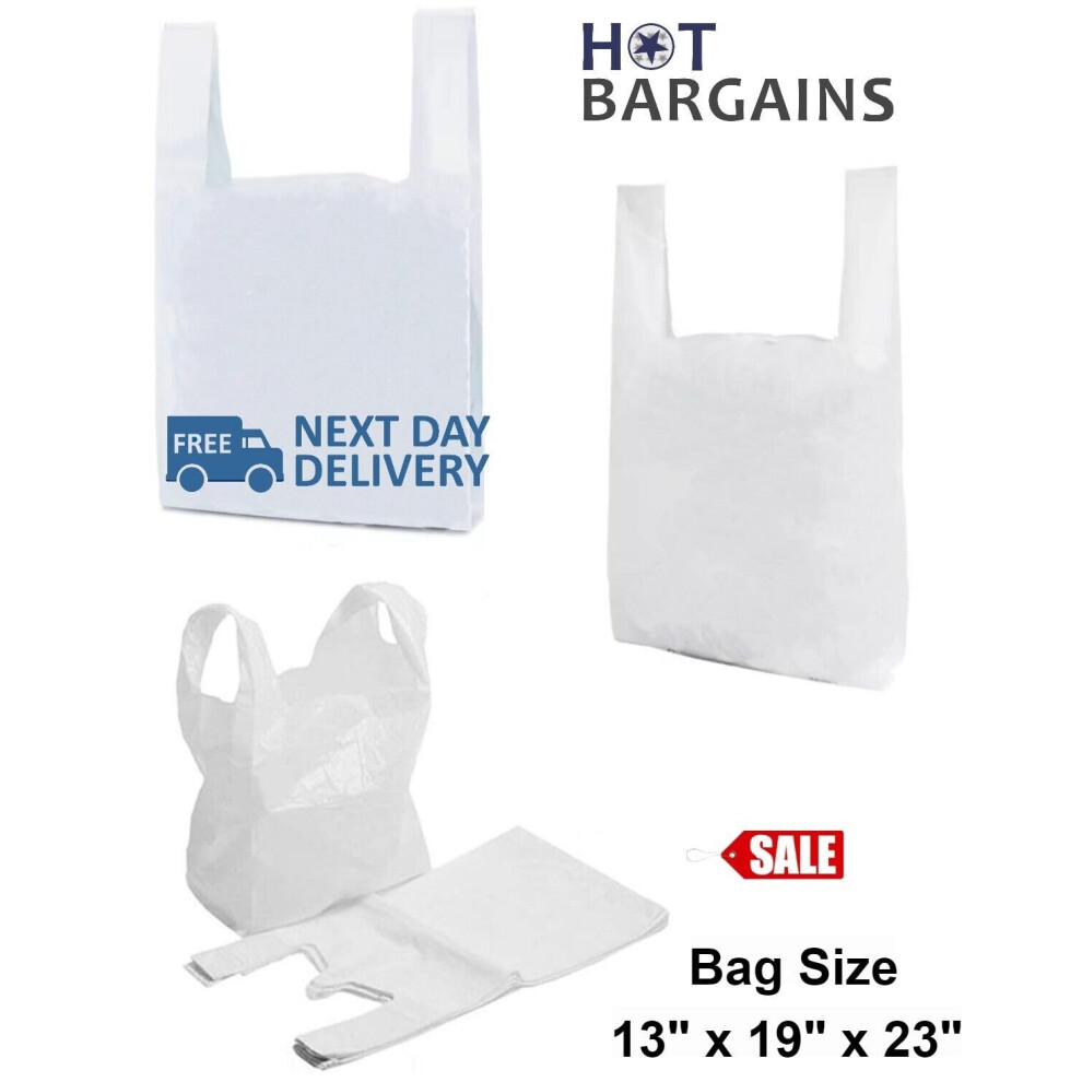 500 X Jumbo Vest Carrier Bags Hi-Tensile White Colour Extra-Large 13" x 19" x 23" 21mu Recyclable Plastic Carrier Bags for Shopping Fruits etc