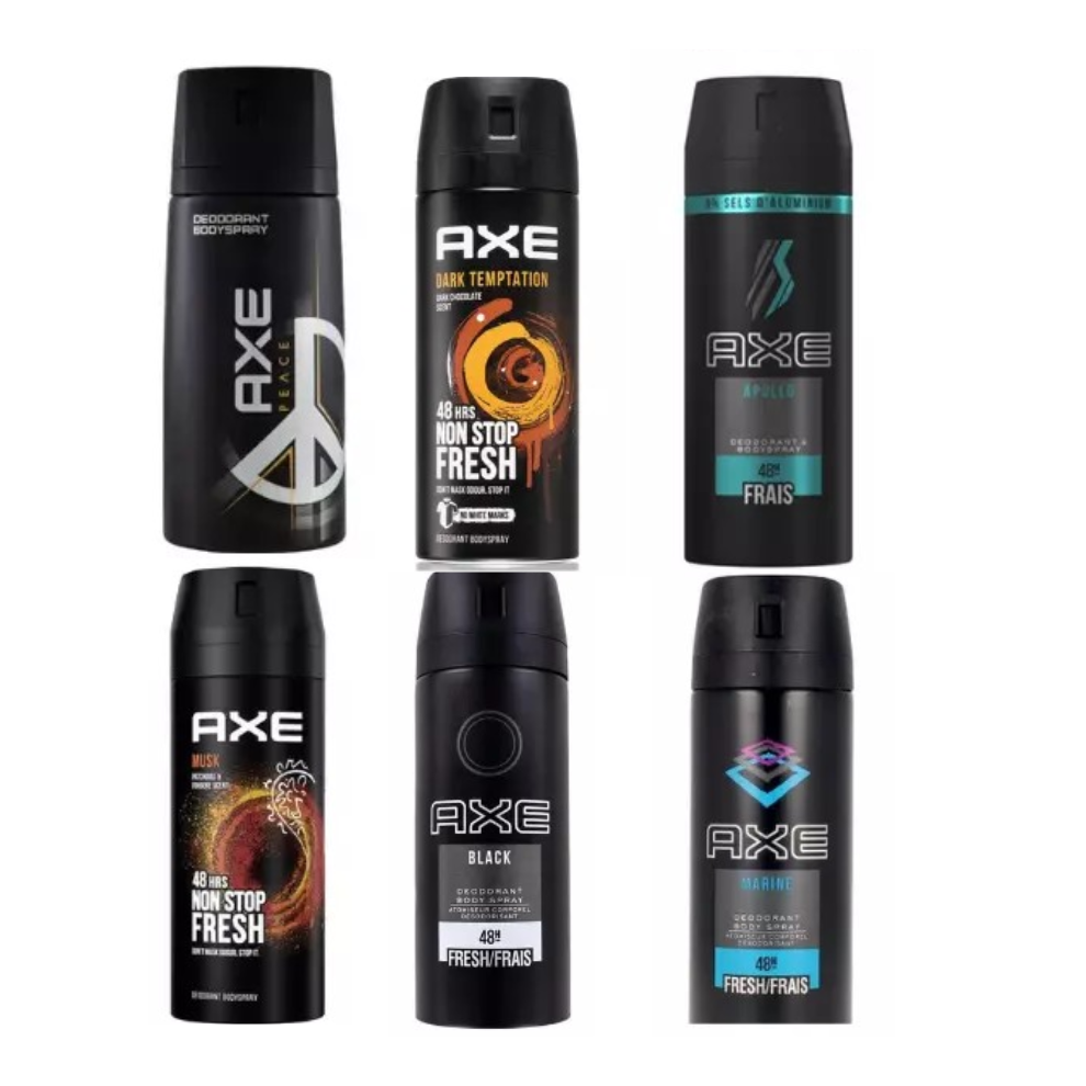 6 x 150ml AXE (LYNX) MIX Deodorant Body Spray Apollo, Peace, Black,