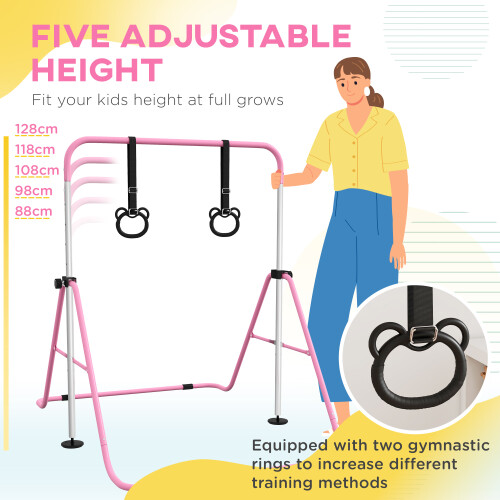 Homcom HOMCOM Adjustable Height Foldable Kids Gymnastics Bar, Pink 1