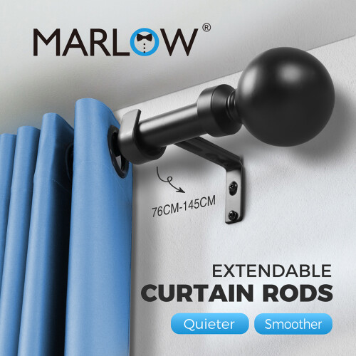 (76-145cm (Black )) Marlow Steel Extendable Quiet Curtain Rod Set 1