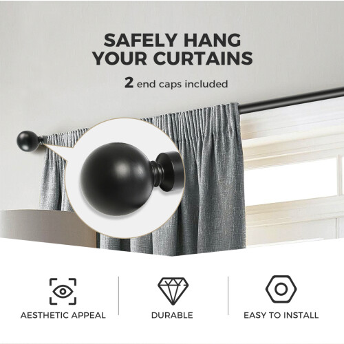 (76-145cm (Black )) Marlow Steel Extendable Quiet Curtain Rod Set 2