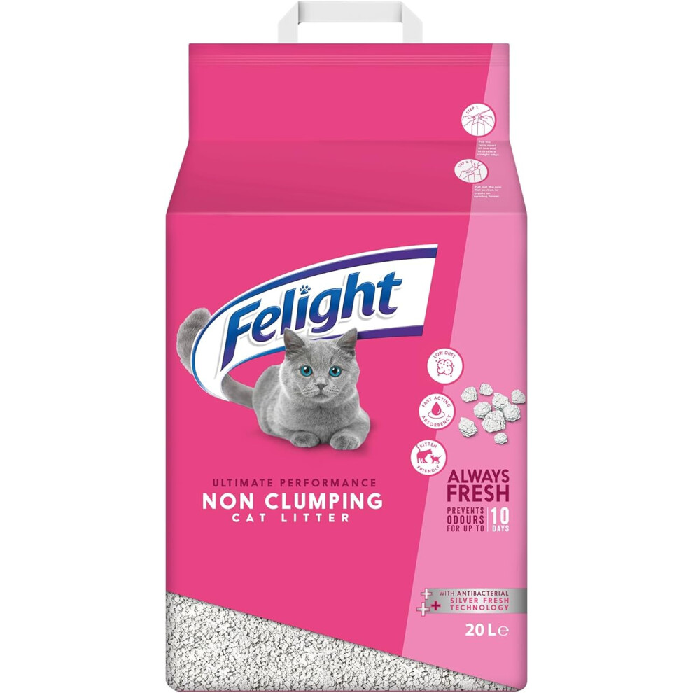 Felight Store Felight Non-Clumping Cat Litter (20L Bag) - Antibacterial Silverfresh Technology, Prevents Odours For Up To 10 Days