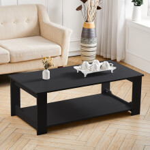 2-Tier Wooden Coffee Table with Storage Shelf - Black Living Room Table