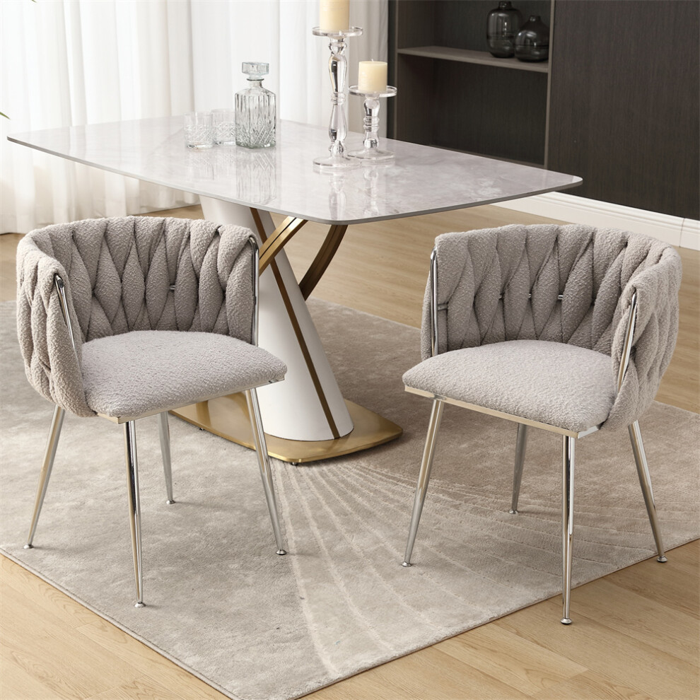 (Gray Set of 2) Modern Hand Weaving Dining Chairs with Silver Legs