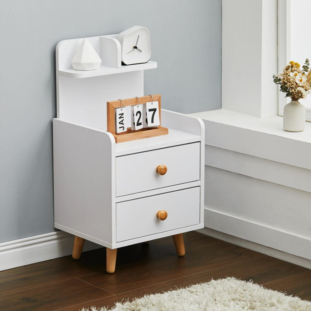 Wooden 2-Drawer Bedside Table Nightstand with a Shelf and Wooden Legs