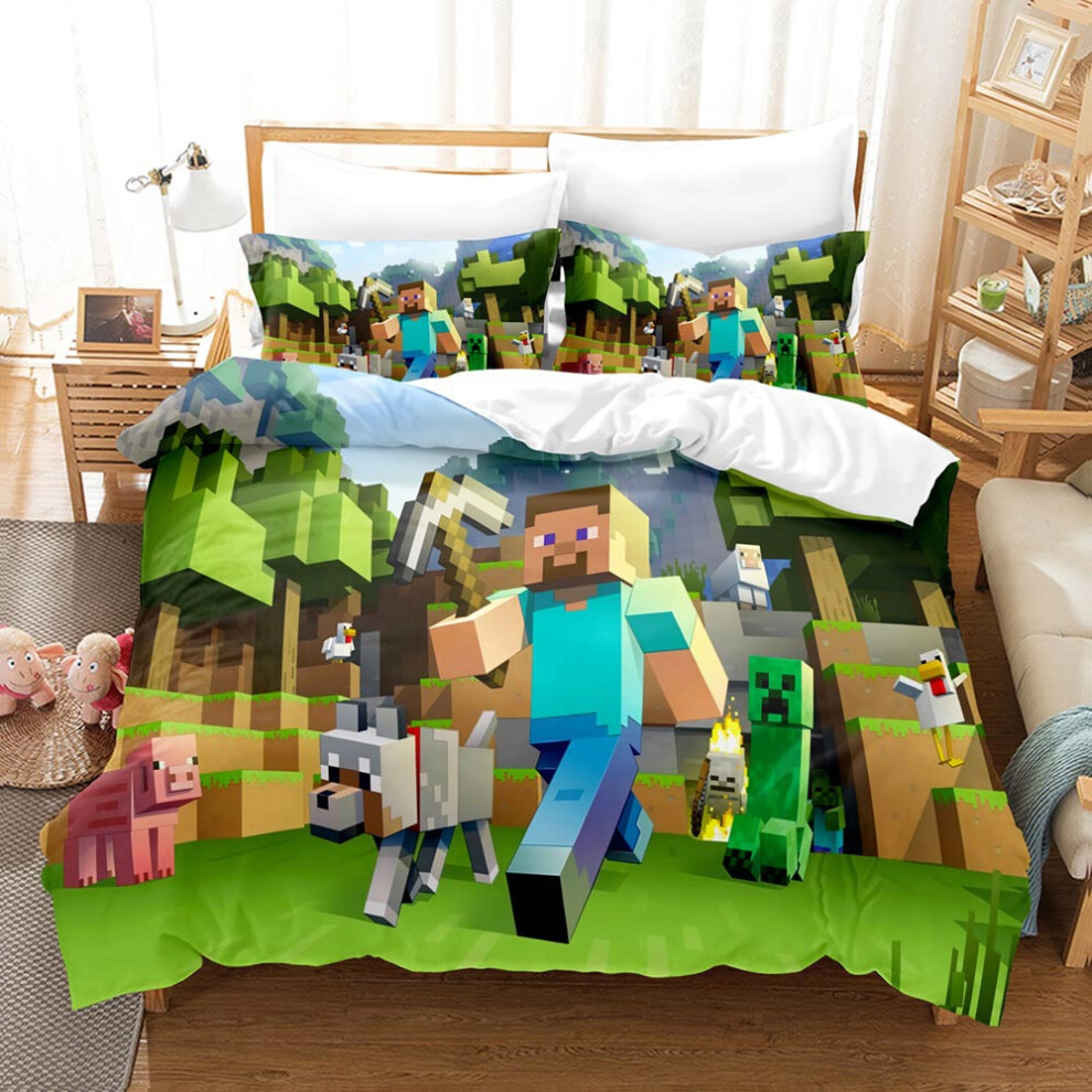 (A2, Single 135*200cm) Minecraft Bedding 3 Piece Boys Duvet Cover Set