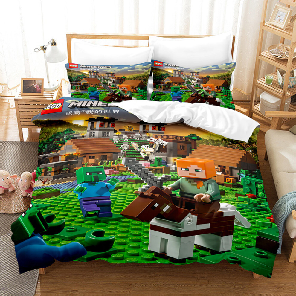 (A10, Single 135*200cm) Minecraft Bedding 3 Piece Boys Duvet Cover Set