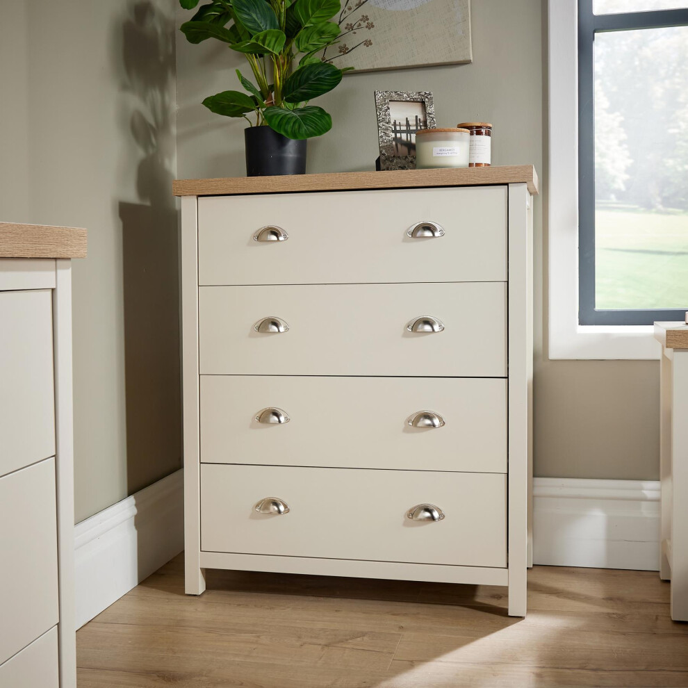 Home Source Chest Of 4 Drawers 36Mm Oak Top Bedroom Storage Metal Cup Handles White