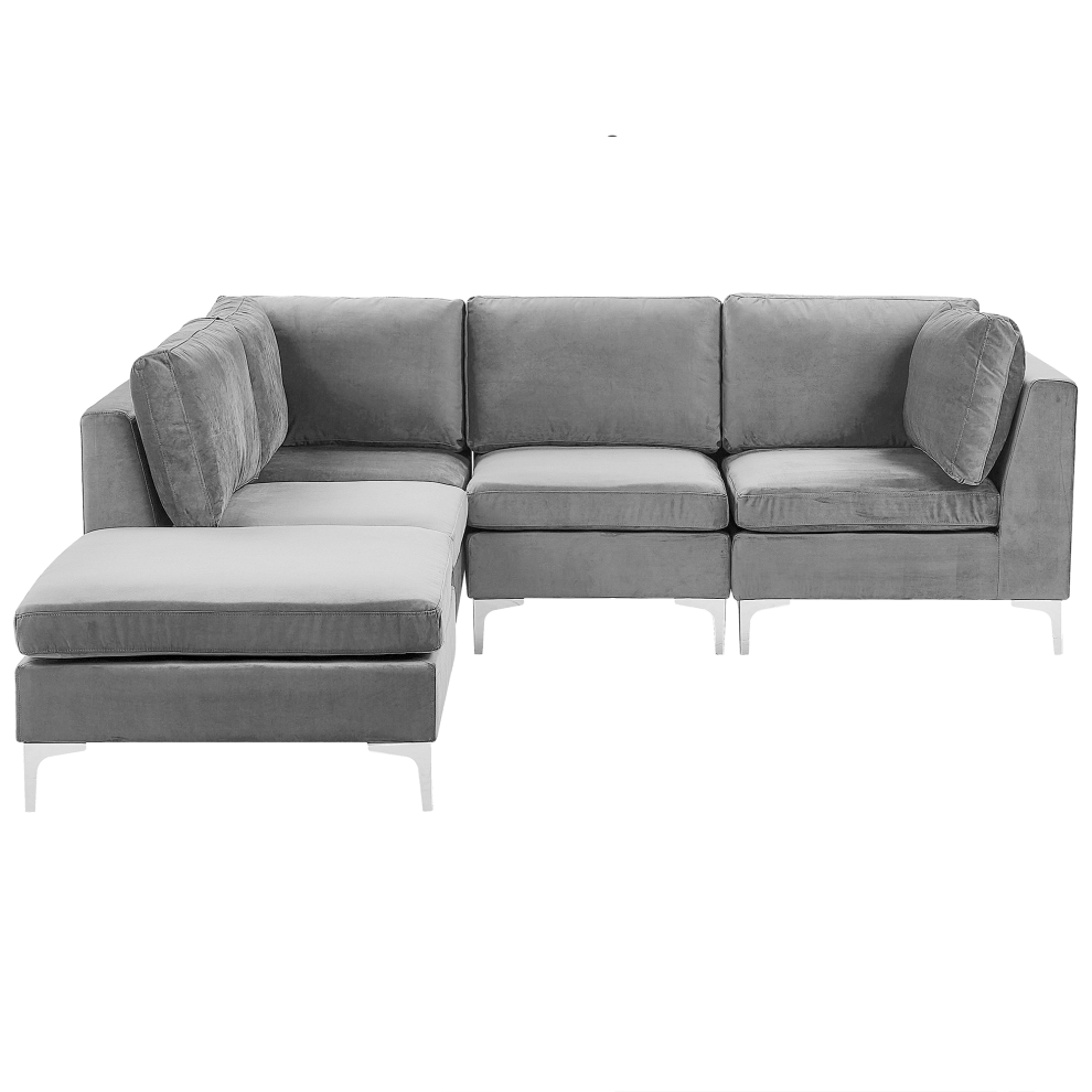Modular Corner Sofa EVJA Velvet Grey with Ottoman 4 Seater Right Hand