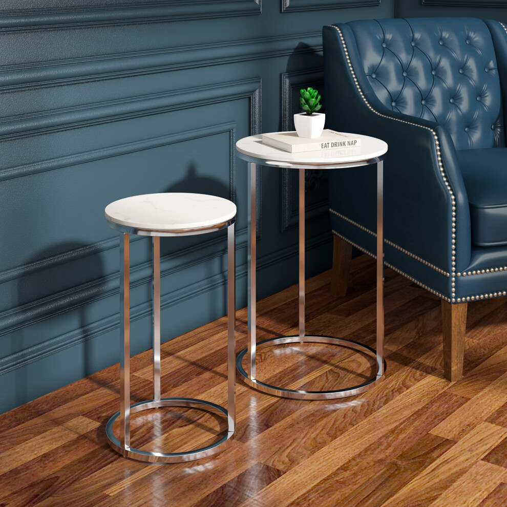 Nesting Table, Set 2 Round Side Table Chrome Glossy End Table for Living Room