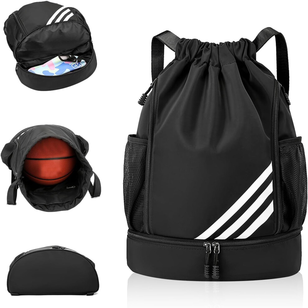 (Black) Drawstring Bags,Waterproof Swimming Bag For Kids Adults,Large Gym Bag,Sports Backpack,Unisex PE With Shoe Compartment,Football Basketball Backpack.