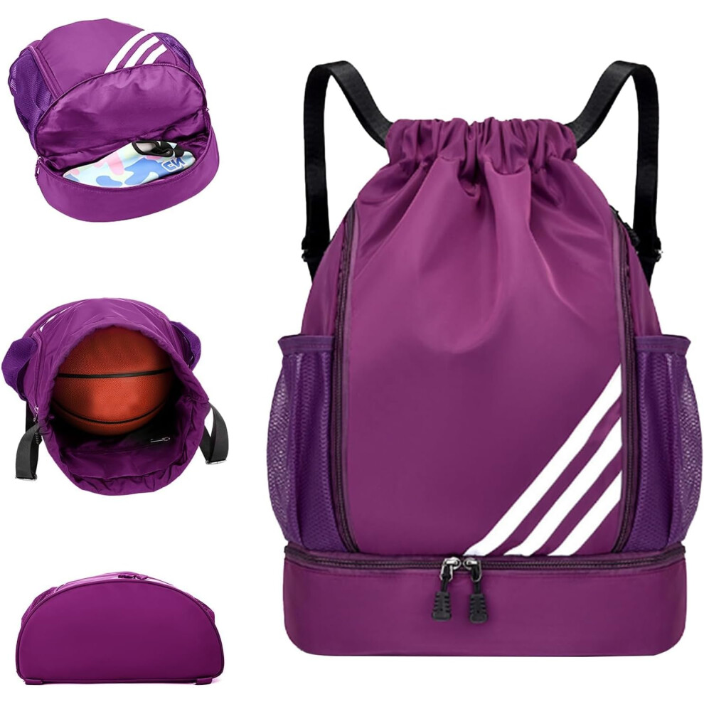 (Purple) Drawstring Bags,Waterproof Swimming Bag For Kids Adults,Large Gym Bag,Sports Backpack,Unisex PE With Shoe Compartment,Football Basketball Backpack.