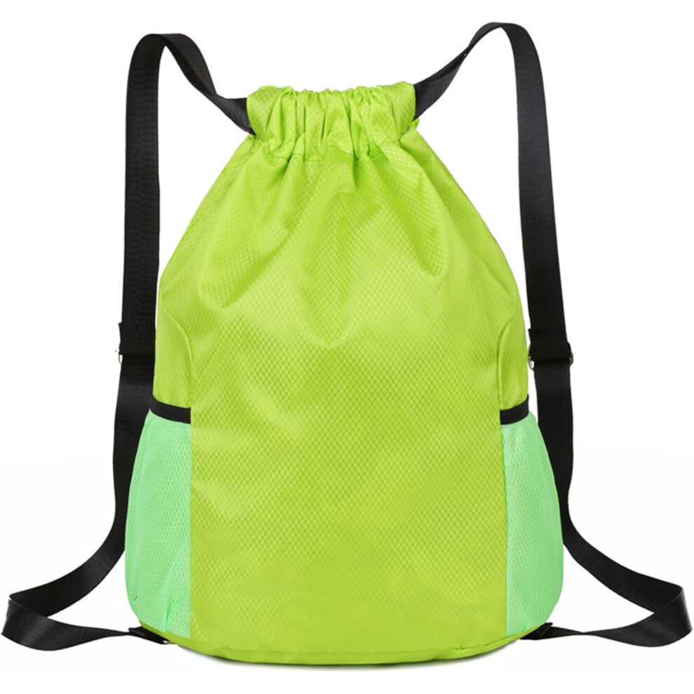 (Green) Drawstring Bag, Unisex Large Sports Backpack String Drawstring PE Bags, Sport Gym Sack have Two Side Pockets, Waterproof Travel Beach Swim School Bag