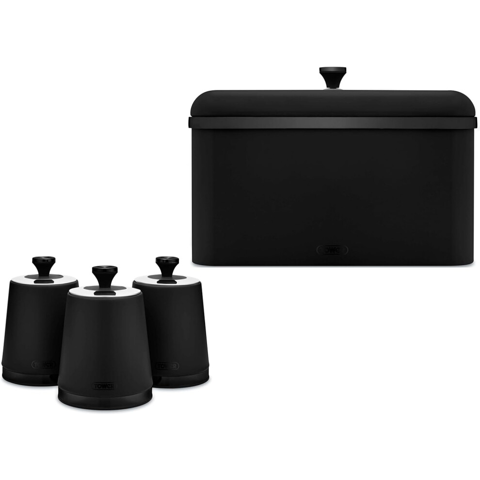 Tower Sera Black Breadbin & Set of 3 Canisters Kitchen Storage Set