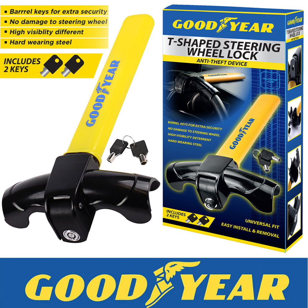 Goodyear Heavy Duty Universal T Shape Steering Wheel Lock Anti-Theft Security