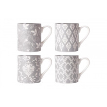 Set Of 4 Porcelain New Bone China Mugs Coffee Tea Cup 17oz Grey White Floral Geometric Large