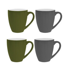 Set of 4 Ribbed Mugs Green Grey Coffee Tea Cup 12 Ounce Home Kitchen Stoneware Mug Set