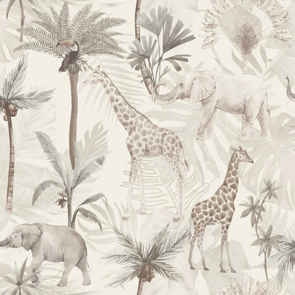 Arthouse Serengeti Animals Neutral Wallpaper Palm Trees Naturistic Feature Wall