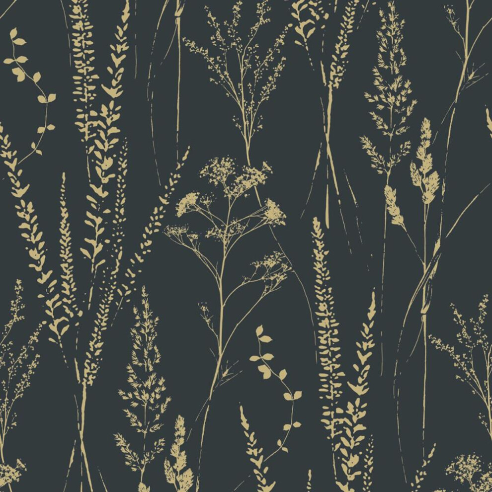 Grandeco Attitude Floral Grass Wallpaper Black Gold Textured Paste The Wall