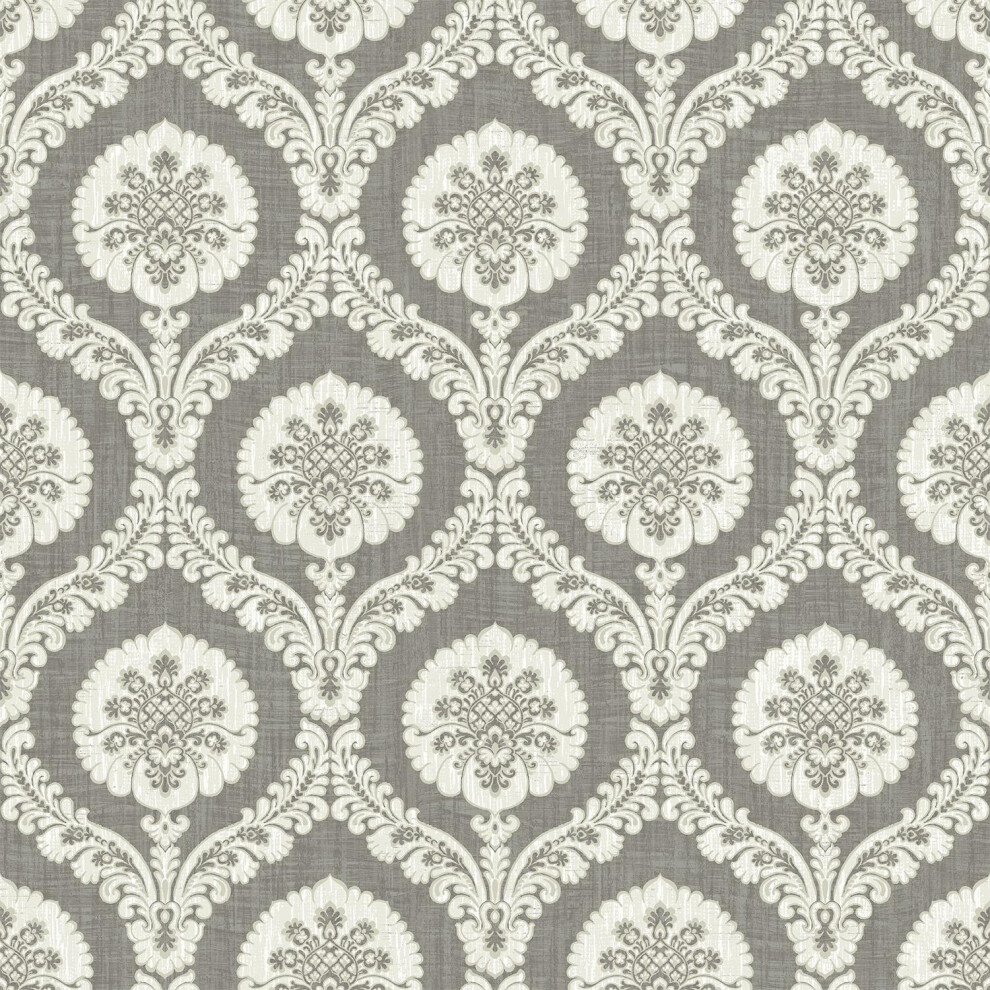Photos - Wallpaper Wallquest Caspia Traditional  Grey White Floral Acrylic Coated IM71800