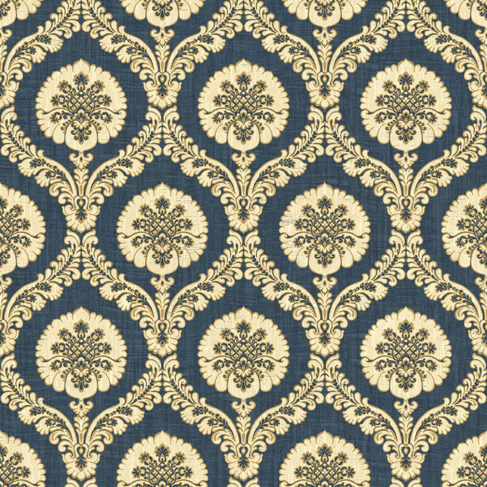 Photos - Wallpaper Wallquest Caspia Traditional  Navy Floral Acrylic Coated IM71802