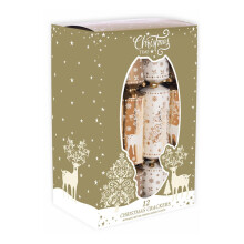 Set Of 12 Christmas Crackers Gold Reindeer And Christmas Tree Design Festive Table Decor