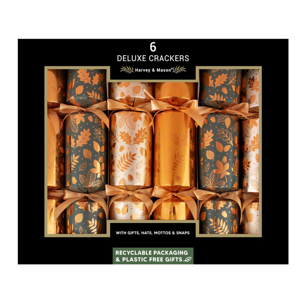 Harvey & Mason 6 Deluxe Christmas Crackers Family Xmas Forest Luxury Gold/Green