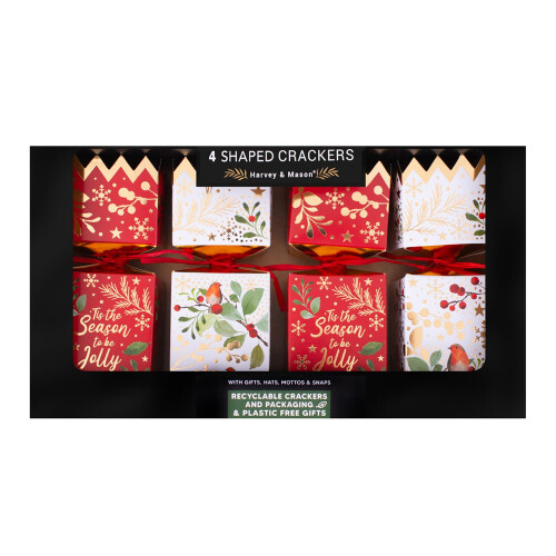 Pack of 4 Square Christmas Crackers - Red and White with Robin