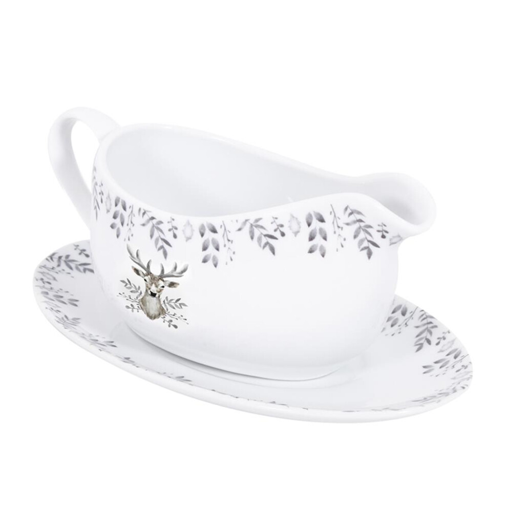 350ml Gravy Boat Saucer Silver Stag Porcelain Jug Festive Christmas Dinner Setting