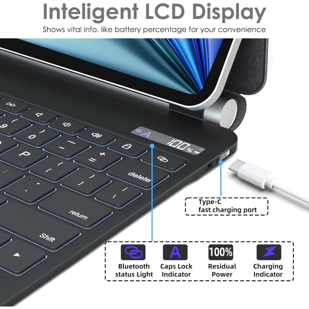 GOOJODOQ Magnetic Keyboard For IPad Air 11-inch M2 2024 & IPad Pro 11 Inch 4th 3rd 2nd 1st Gen 2022,iPad Air 5th 4th Gen 10.9",Click-Anywhere Trackpad With 7 Color Backlit Floating Keyboard-Black
