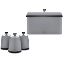 Tower Sera Grey Bread Bin & 3 Canisters - Matching Kitchen Storage Set, Grey with Black Smoked Trim
