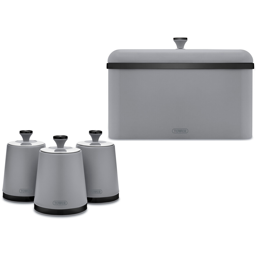 Tower Sera Grey Bread Bin & 3 Canisters - Matching Kitchen Storage Set, Grey With Black Smoked Trim